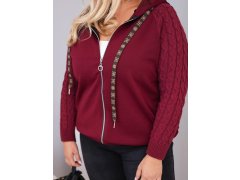 Dámská bavlněná mikina Plus Size s pletenými rukávy a kapucí bordó červená 3