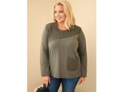 Dámská bavlněná mikina Plus Size s krajkovým dílem a kapsou khaki 1