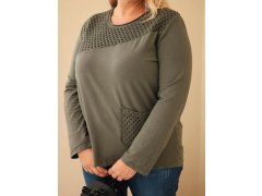 Dámská bavlněná mikina Plus Size s krajkovým dílem a kapsou khaki 3
