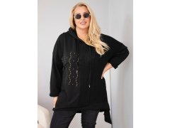 Dámská bavlněná mikina Plus Size s kapucí a pleteným pruhem černá 1