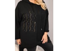 Dámská bavlněná mikina Plus Size s kapucí a pleteným pruhem černá 3