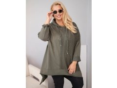 Dámská bavlněná mikina Plus Size s kapucí a pleteným panelem khaki 1