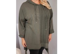 Dámská bavlněná mikina Plus Size s kapucí a pleteným panelem khaki 3