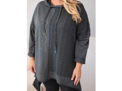 Dámská bavlněná mikina Plus Size s kapucí a pleteným prvkem grafitová 3