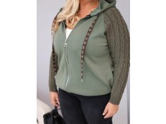 Dámská bavlněná mikina Plus Size s pletenými rukávy a kapucí khaki 3
