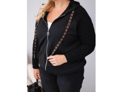 Dámská bavlněná mikina Plus Size s pletenými rukávy a kapucí černá 3