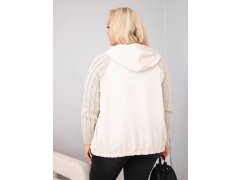 Dámská bavlněná mikina Plus Size s pletenými rukávy a kapucí béžová 2