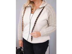 Dámská bavlněná mikina Plus Size s pletenými rukávy a kapucí béžová 3