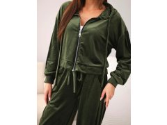 Dámský semišový komplet z viskózy s mikinou na zip a jogger kalhotami khaki 1