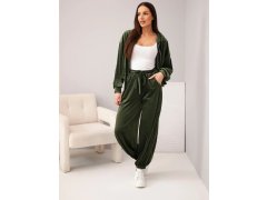 Dámský semišový komplet z viskózy s mikinou na zip a jogger kalhotami khaki 2
