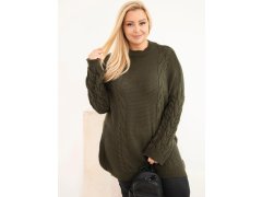 Dámský svetr Plus Size s copánkovým vzorem khaki kolor 1