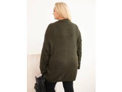 Dámský svetr Plus Size s copánkovým vzorem khaki kolor 2