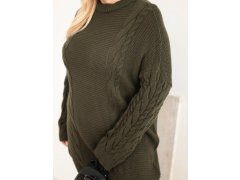 Dámský svetr Plus Size s copánkovým vzorem khaki kolor 3