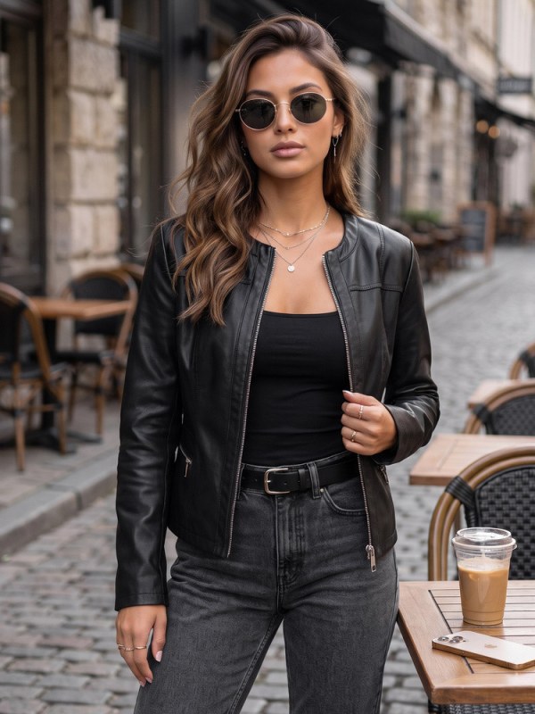 Dámská přiléhavá bunda z ekokůže TY5721 černá - FashionStreet