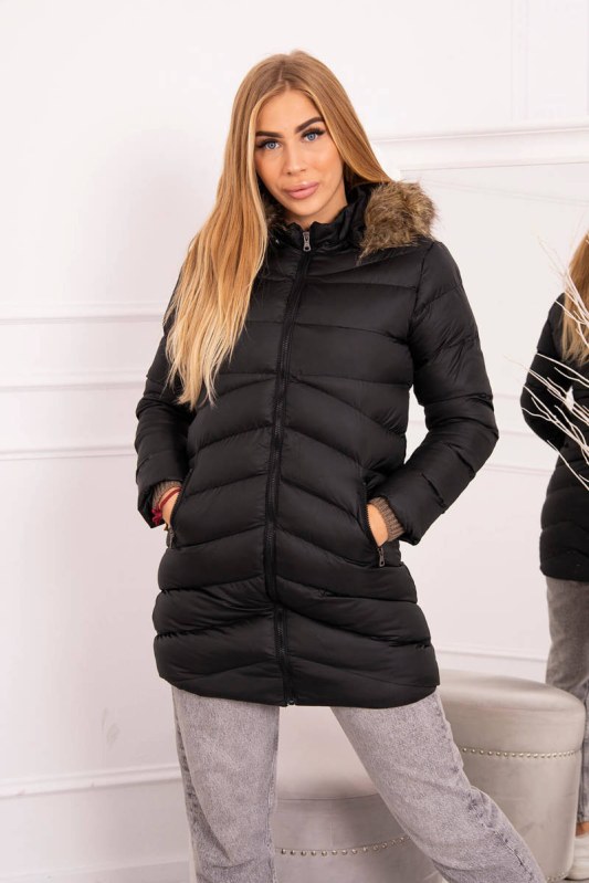 Prošívaná zimní bunda s kapucí a kožešinou černá - Dámské oblečení bundy