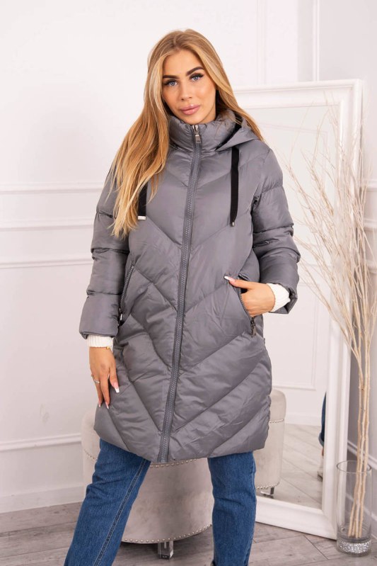 Zimní bunda s límcem a kapucí šedá - Dámské oblečení bundy
