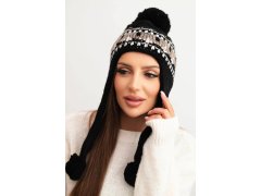 Dámská zimní čepice vlněná s ušními klapkami a bambulkami K436 černá + moka
