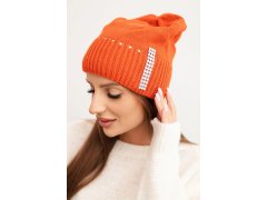 Dámská zimní pletená čepice s krystaly K453 oranžová