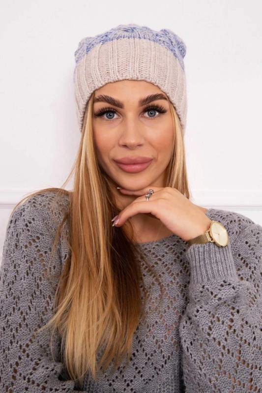 Paris fleecová čepice K213 světle béžová+modrá - Dámské oblečení doplňky čepice, rukavice a&nbsp;šály