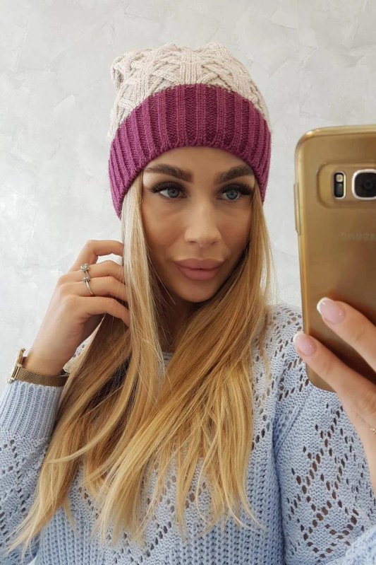 Bibiana fleecová čepice K264 tmavě fialová+světle béžová - Dámské oblečení doplňky čepice, rukavice a&nbsp;šály
