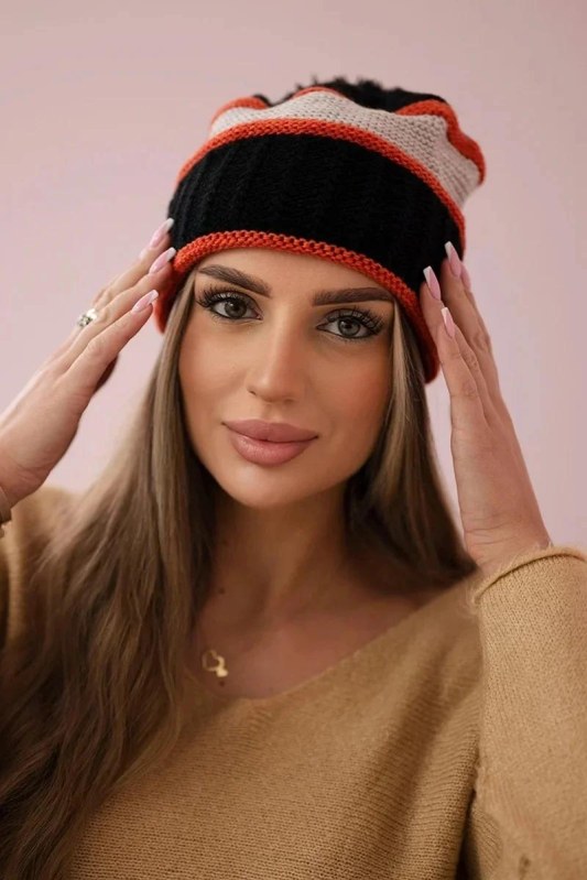 Dámská čepice Kinga K297 černá+tmavě růžová+béžová - Dámské oblečení doplňky čepice, rukavice a&nbsp;šály