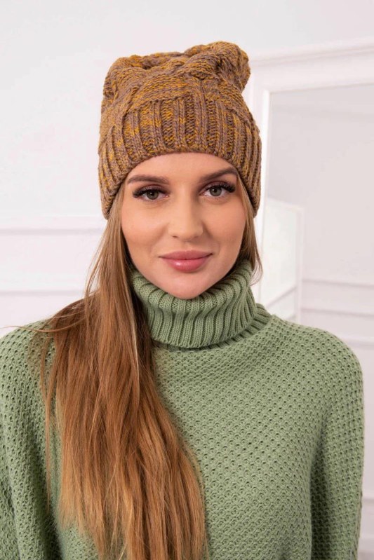 Fleecová čepice Dolores K303 hořčicová+hnědá - Dámské oblečení doplňky čepice, rukavice a&nbsp;šály