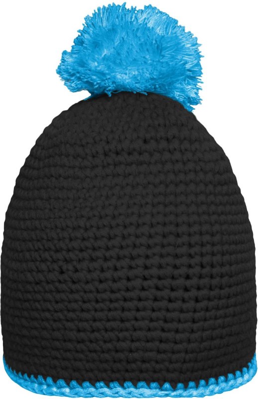 Daiber MB 7964 Háčkovaná čepice s&nbsp;kontrast. lemem a&nbsp;bambulí 03.7964 black/turquoise - Dámské oblečení doplňky klobouky a&nbsp;kšiltovky