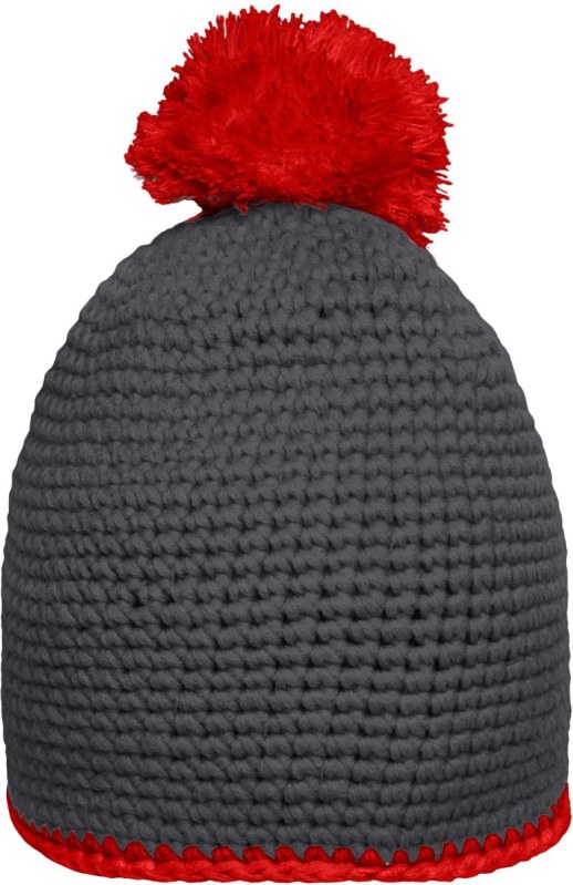 Daiber MB 7964 Háčkovaná čepice s kontrast. lemem a bambulí 03.7964 carbon/red