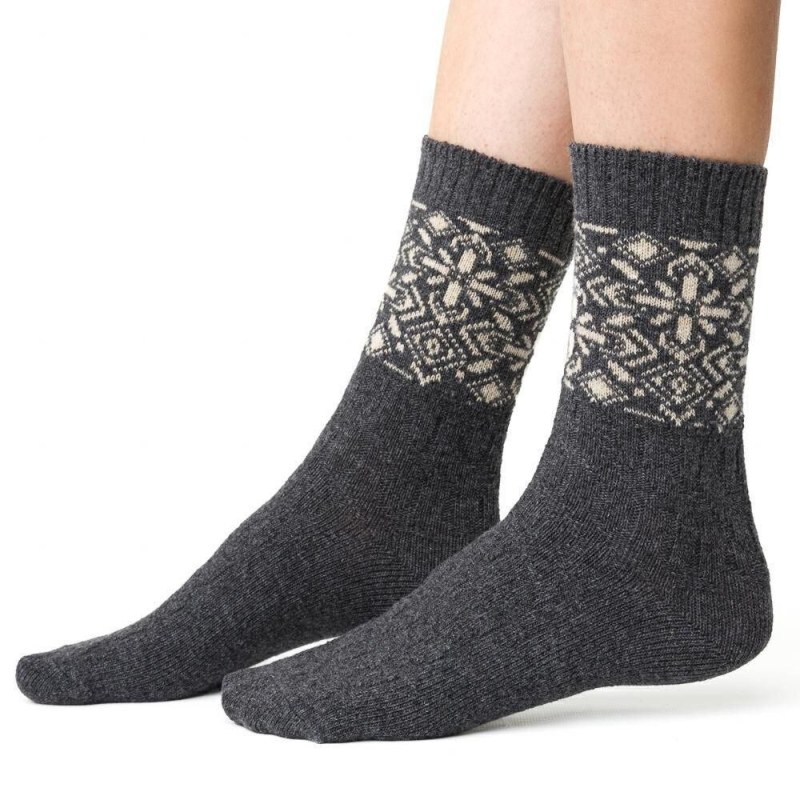 Ponožky s vlnou 093 šedé norský vzor - Dámské oblečení doplňky ponožky