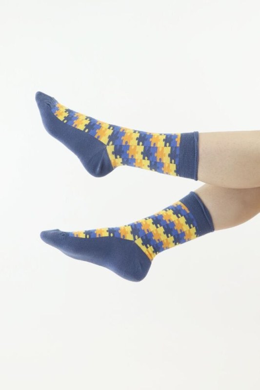 Veselé ponožky 76 modré puzzle - Dámské oblečení doplňky ponožky
