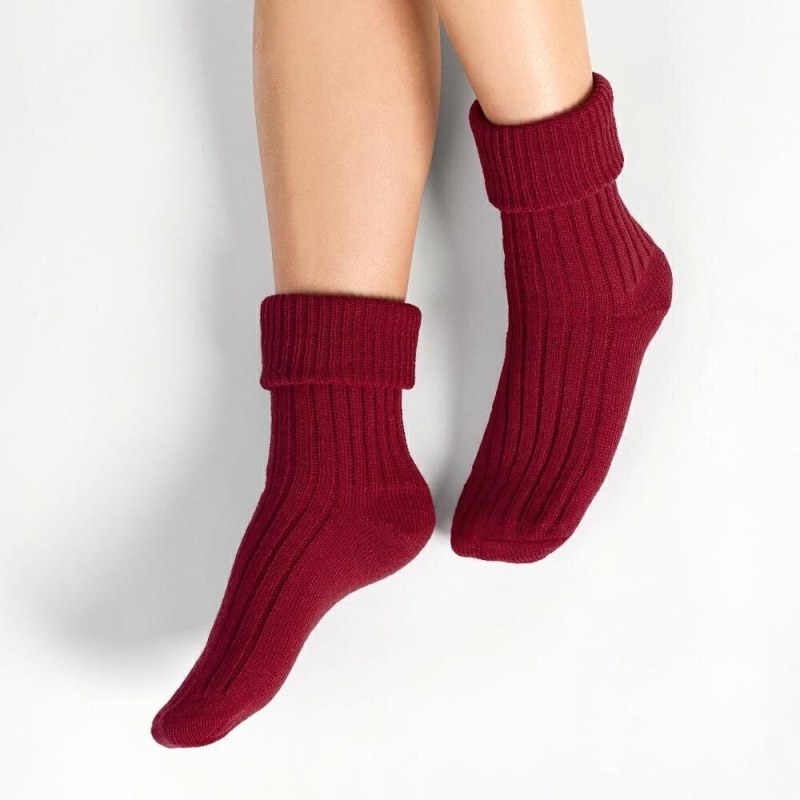 Pletené spací ponožky 067 vínové s vlnou - Dámské oblečení doplňky ponožky