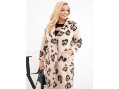 Dámský elegantní kabát Plus Size s&nbsp;klopami leopardí béžový