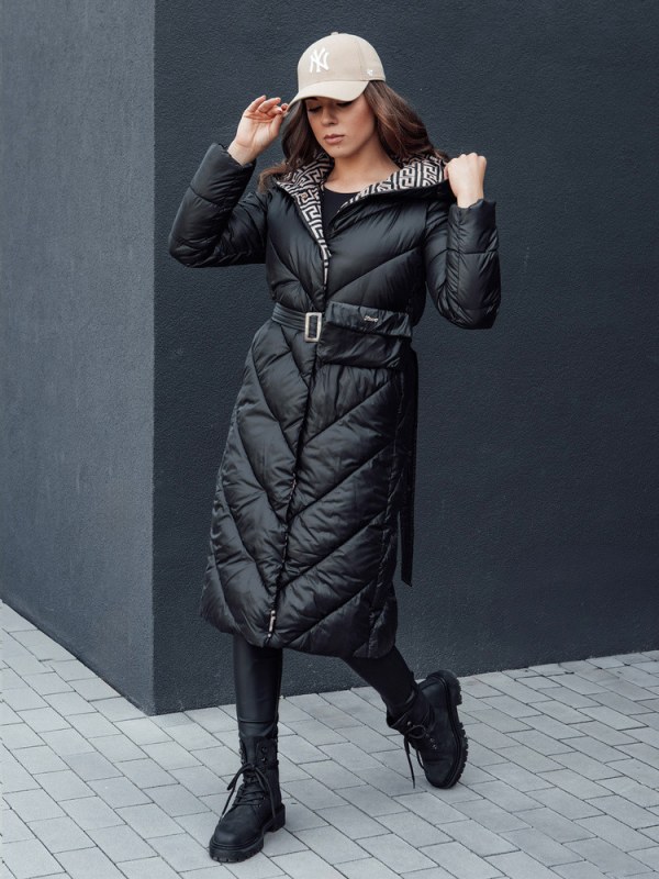 Dámský prošívaný kabát s kapucí TY4513 černý - FashionStreet