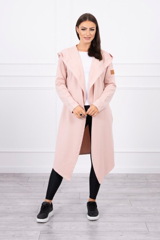 Dlouhý kabát s kapucí tmavě pudrově růžový - Dámské oblečení kabáty