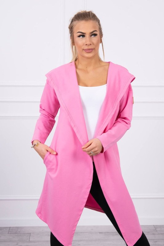 Dlouhý kabát s kapucí světle růžový - Dámské oblečení kabáty