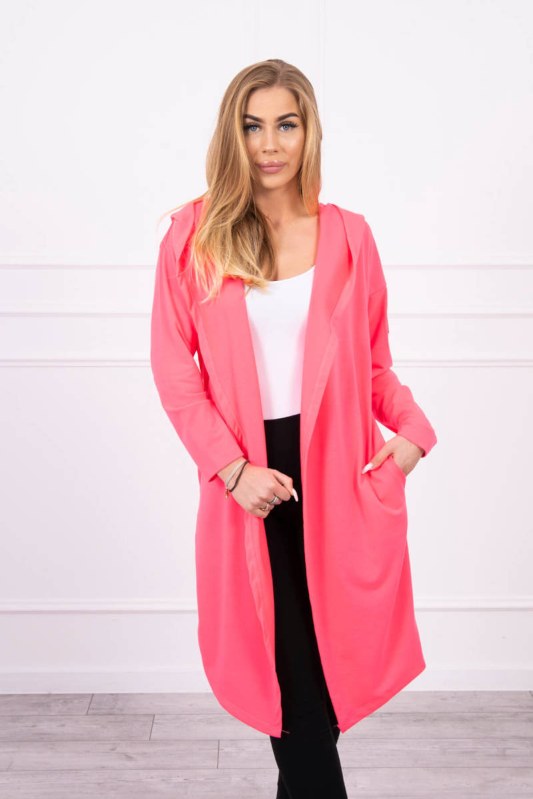 Dlouhý kabát s kapucí růžový neon - Dámské oblečení kabáty
