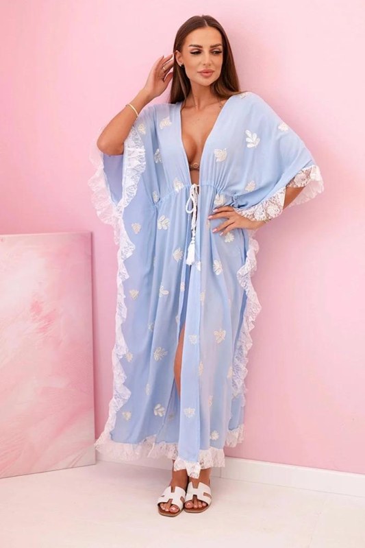 Dámská boho viskózová pláštěnka s&nbsp;krajkou modrý - Dámské oblečení kabáty
