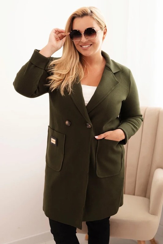 Dámský elegantní plášť Plus Size s límcem a velkými kapsami khaki