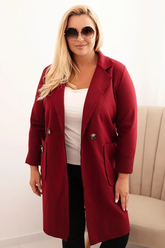 Dámský elegantní plášť Plus Size s límcem a velkými kapsami bordový