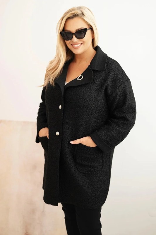 Dámský kabát Plus Size beránek s vlnou a kapsami černý