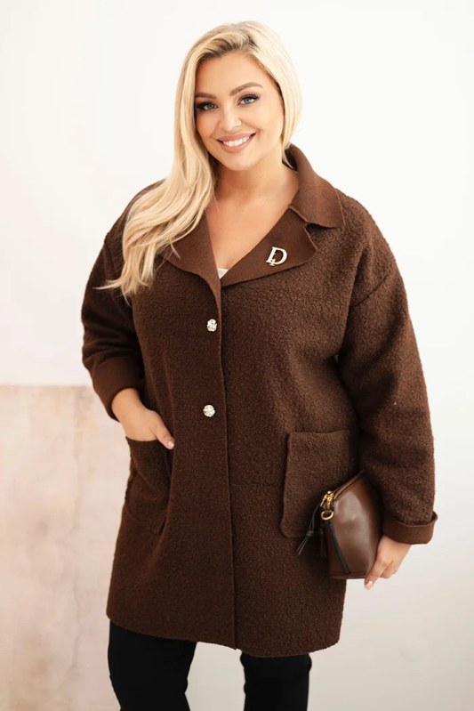 Dámský kabát Plus Size beránek s vlnou a kapsami hnědý