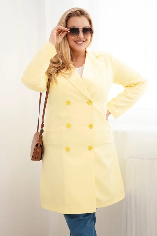 Dámský kabát Plus Size dvouřadový s límcem žlutý