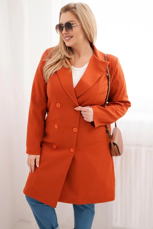 Dámský kabát Plus Size dvouřadový s límcem rudy
