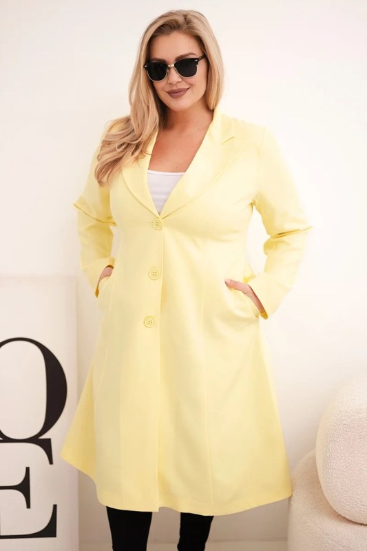 Dámský klasický kabát Plus Size s knoflíky a límcem žlutý