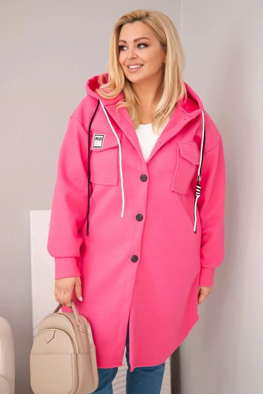 Dámský kabát Plus Size s kapucí zapínaný na knoflíky růžový