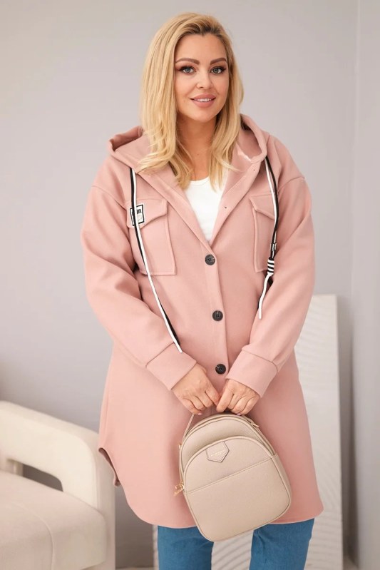 Dámský kabát plus size s kapucí zapínaný na knoflíky tmavě růžový