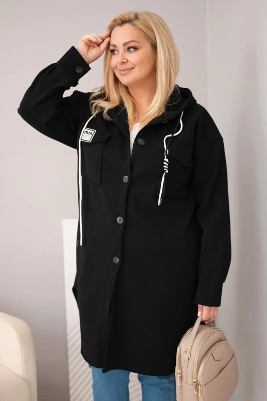 Dámský kabát Plus Size s kapucí zapínaný na knoflíky černý