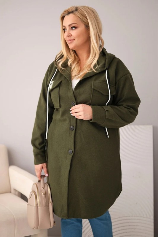 Dámský kabát Plus Size s kapucí zapínaný na knoflíky khaki