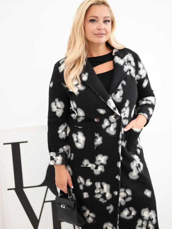 Elegantní dámský plášť Plus Size s&nbsp;límci leopardí černý - Dámské oblečení kabáty