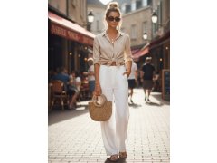 Dámské lněné kalhoty s širokými nohavicemi bílé UY3078 - FashionStreet